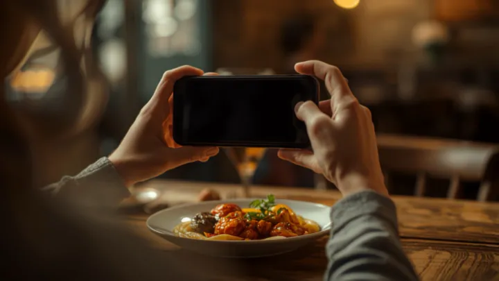 Smartphone zeigt Google-Bewertungssterne für ein Restaurant, im Hintergrund eine Speisekarte