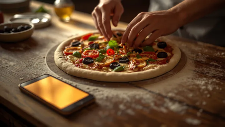 Pizzabäcker nimmt Online-Bestellung über Tablet in der Pizzeria entgegen