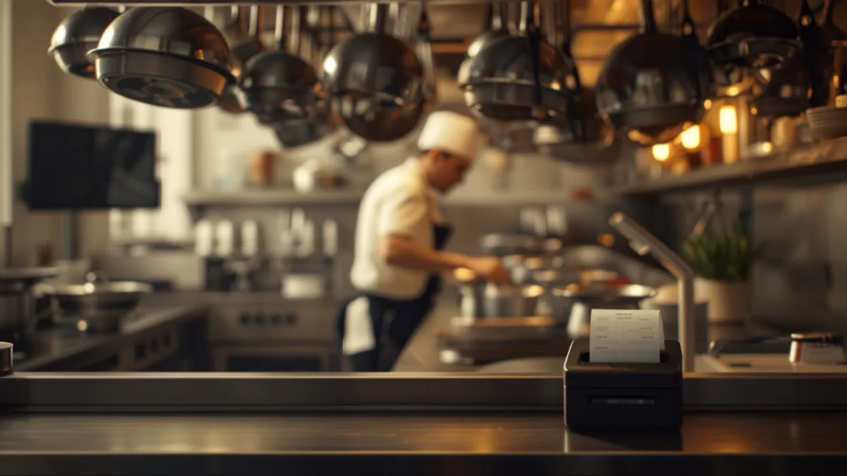 Küchen-Monitor mit eingehenden Bestellungen neben einem Bondrucker in einer Restaurantküche