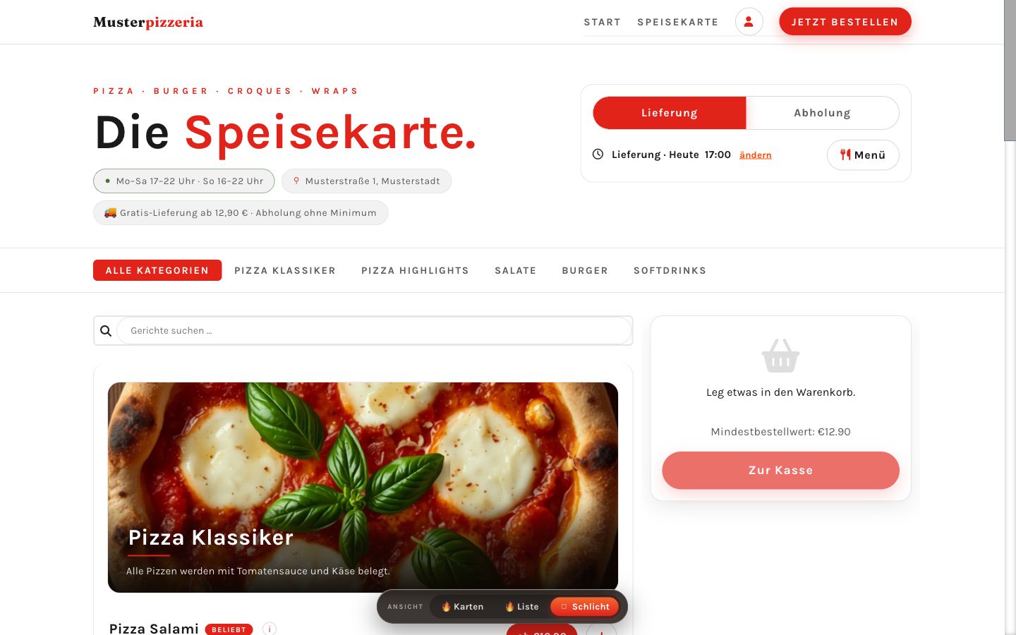 Listenkarten-Designvariante der Bestelltheke im übersichtlichen Lieferdienst-Stil